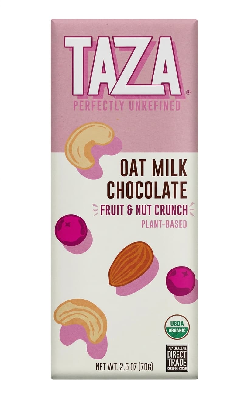 Oat Milk Fruit & Nut Crunch 49% milk bar packaging by Taza