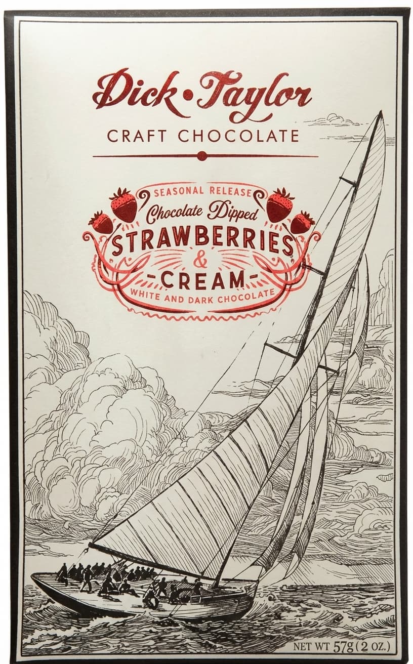 Chocolate Dipped Strawberries & Cream 42% white bar packaging by Dick Taylor