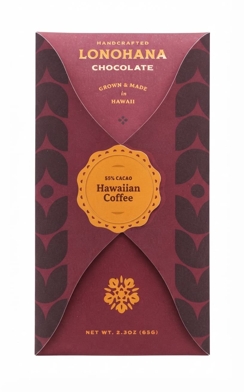 Hawaiian Coffee 55% 55% milk bar packaging by Lonohana Estate Chocolate