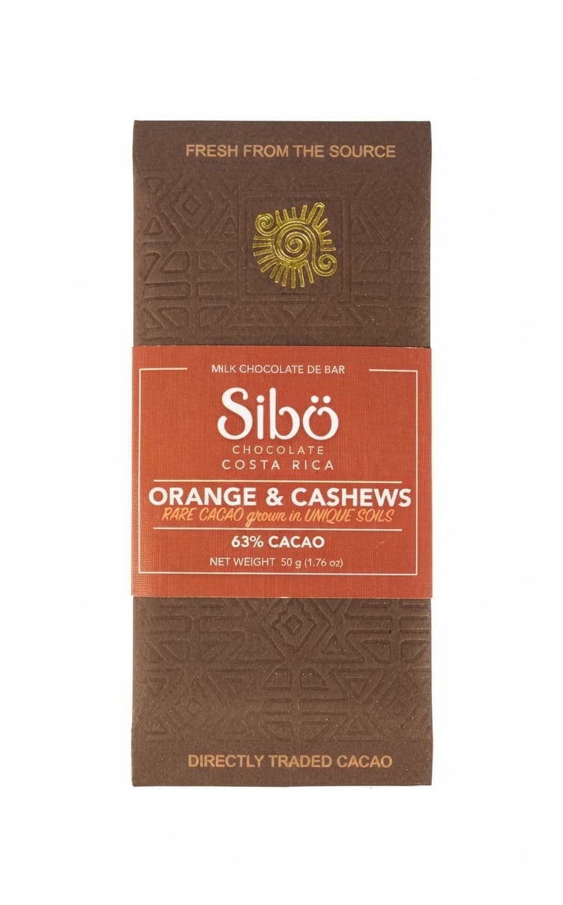 Orange & Cashews 63% 63% milk bar packaging by Sibö Chocolate