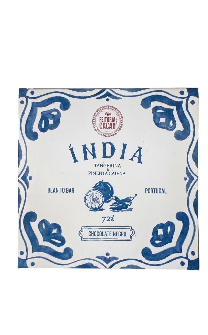 India Tangerina & Pimenta Caiena 72% 72% dark bar packaging by Feitoria do Cacao