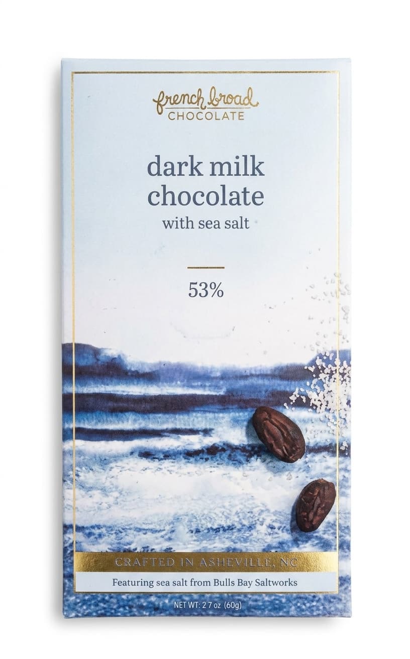 Dark Milk with Sea Salt 53% 53% milk bar packaging by French Broad Chocolate