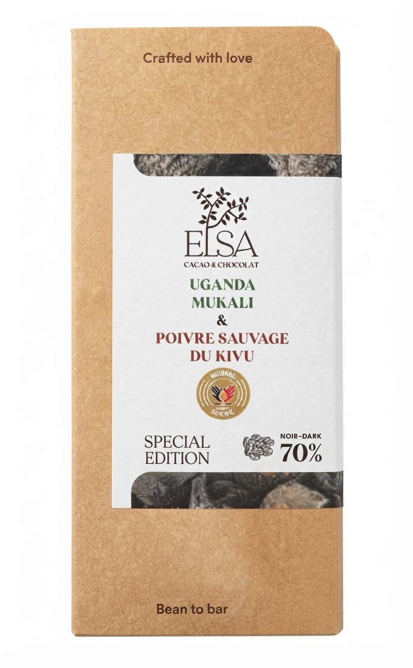 Uganda Mukali & Poivre Sauvage du Kivu 70% 70% dark bar packaging by ELSA
