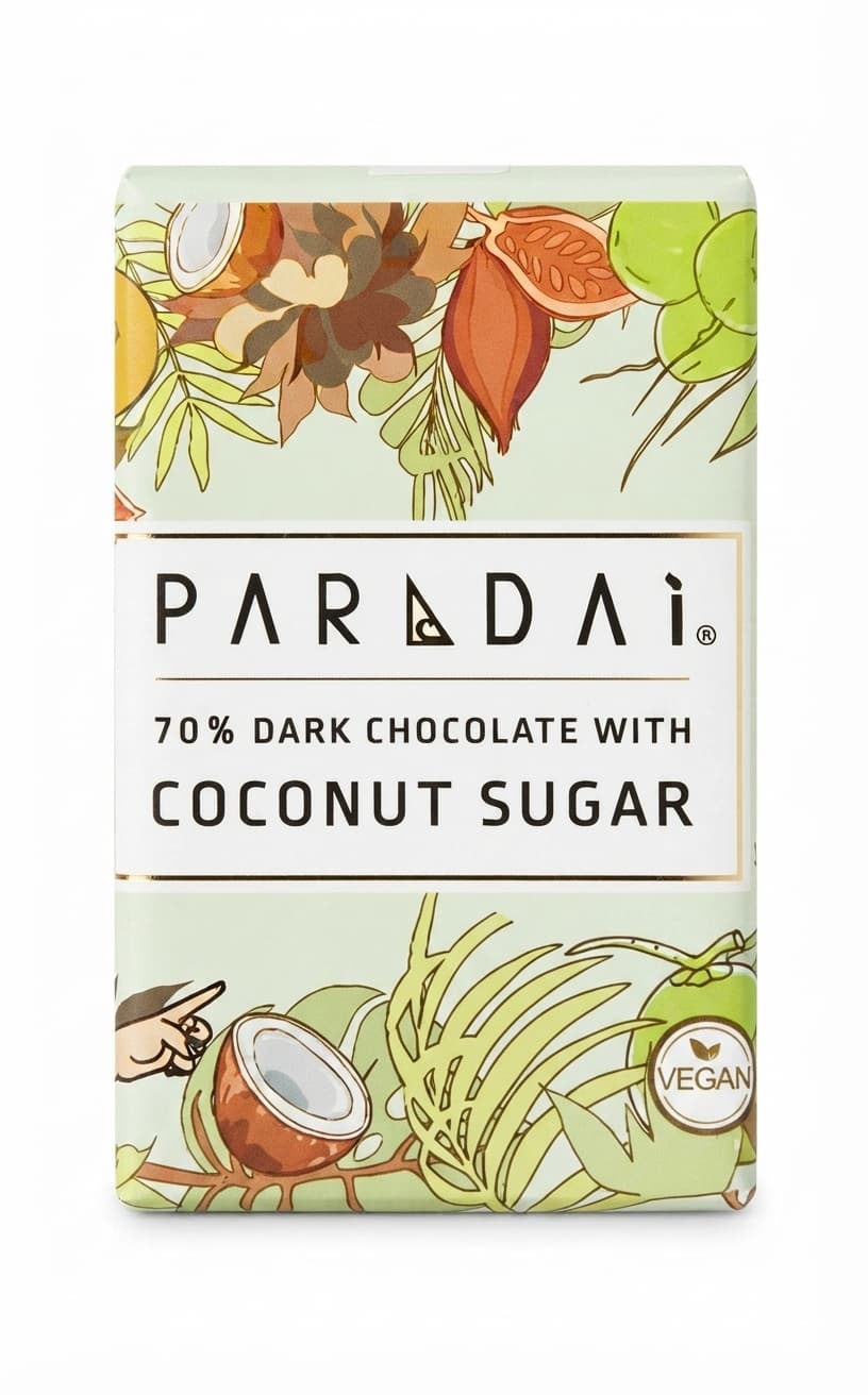 Coconut Sugar 70% 70% dark bar packaging by PARADAI
