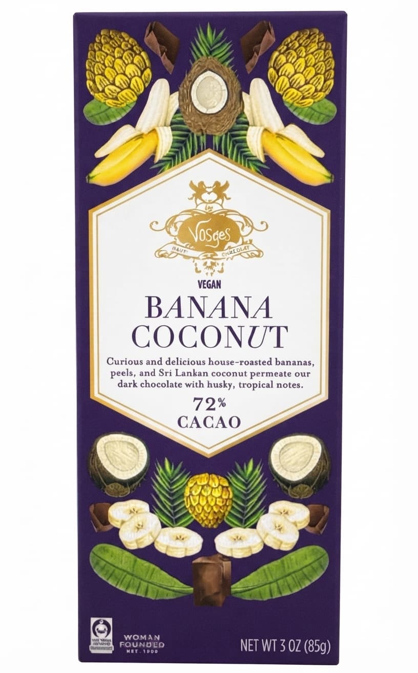 Banana Coconut 72% 72% dark bar packaging by Vosges