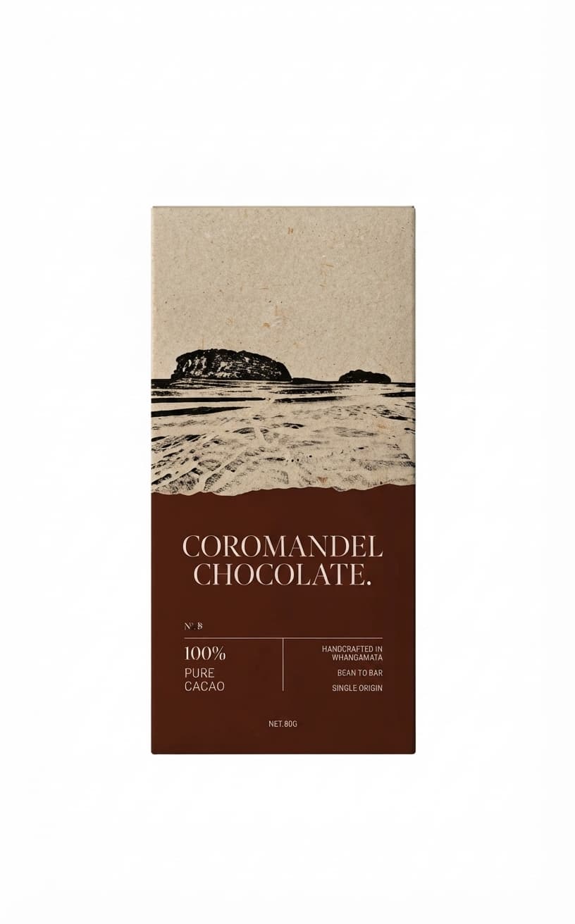 Pure Cacao 100% 100% dark bar packaging by Coromandel Chocolate