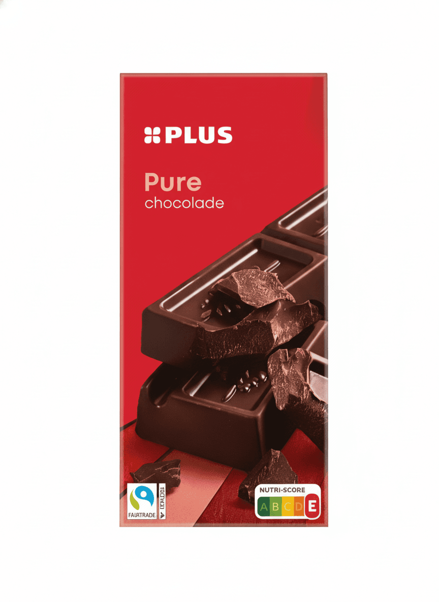 Pure chocolade 51% dark bar packaging by PLUS