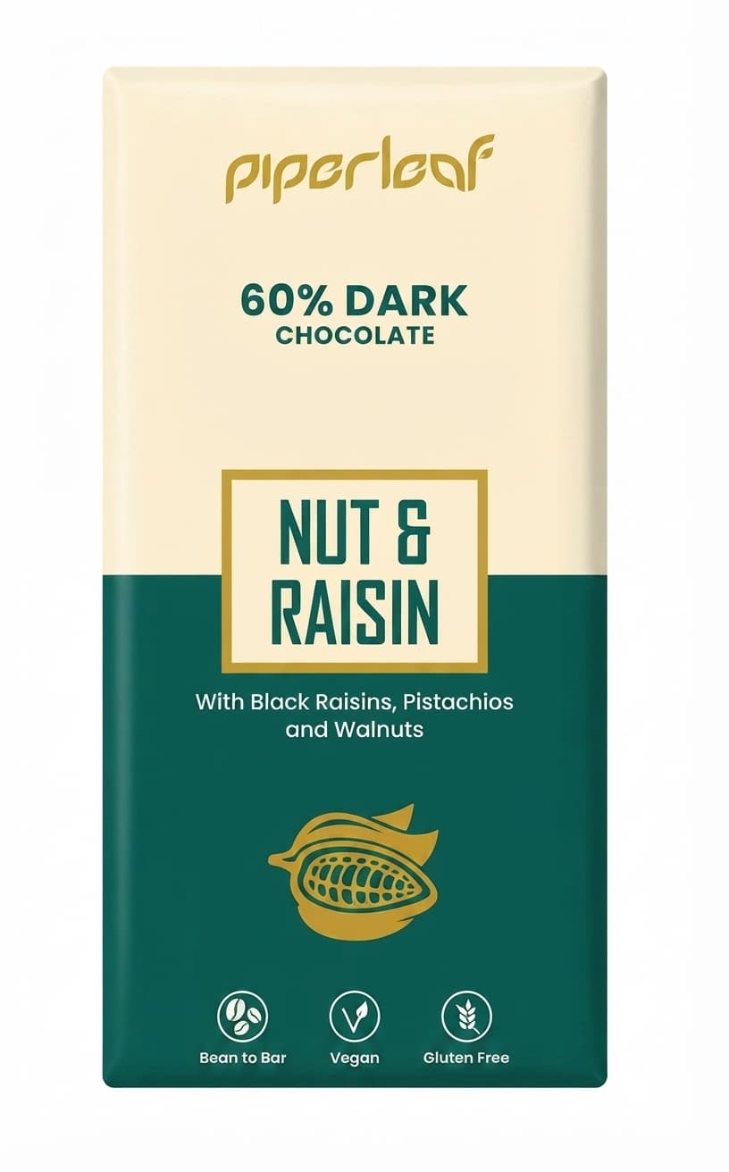 Nut & Raisin 60% 60% dark bar packaging by Piperleaf