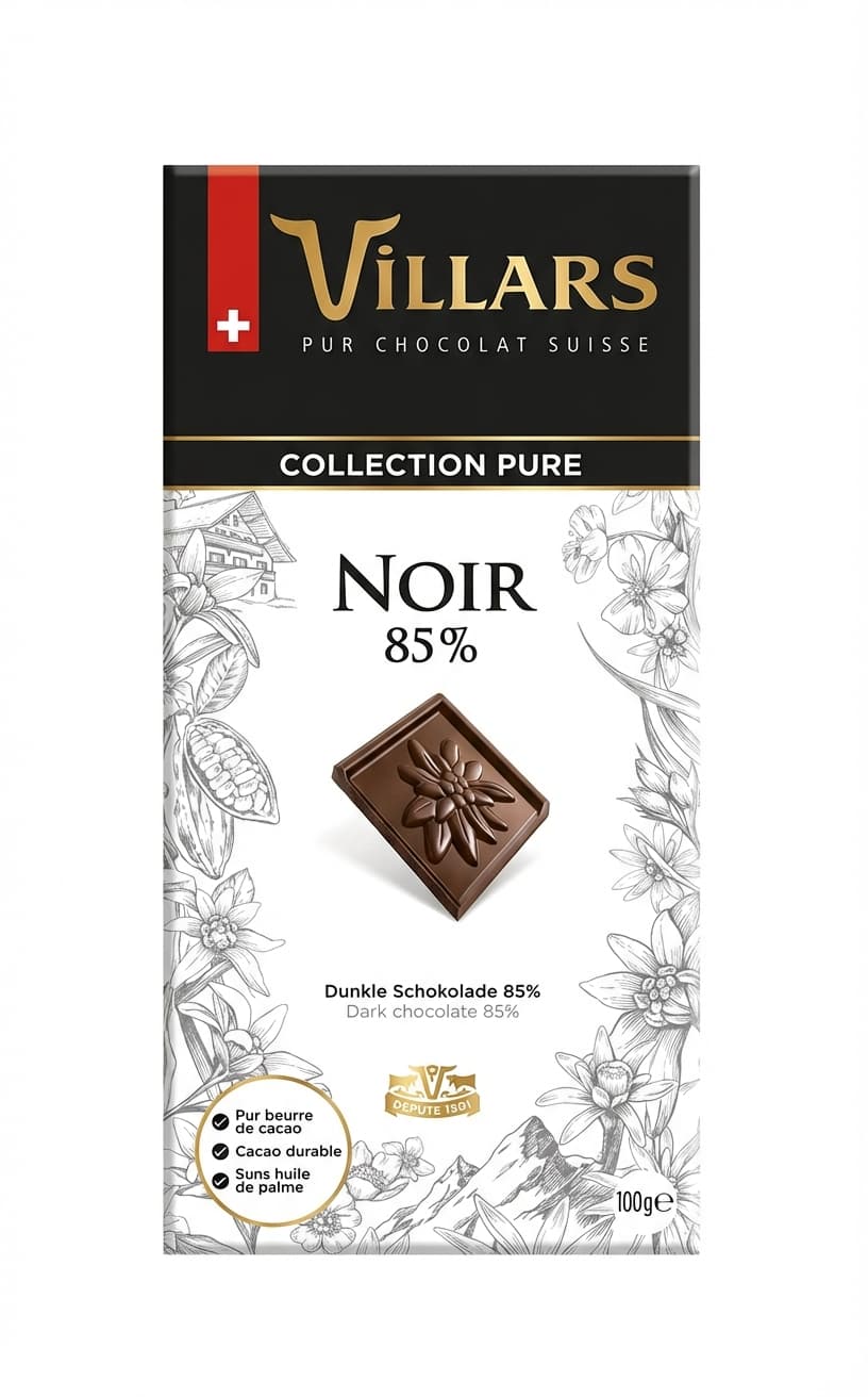 Collection Pure Noir 85% 85% dark bar packaging by Villars