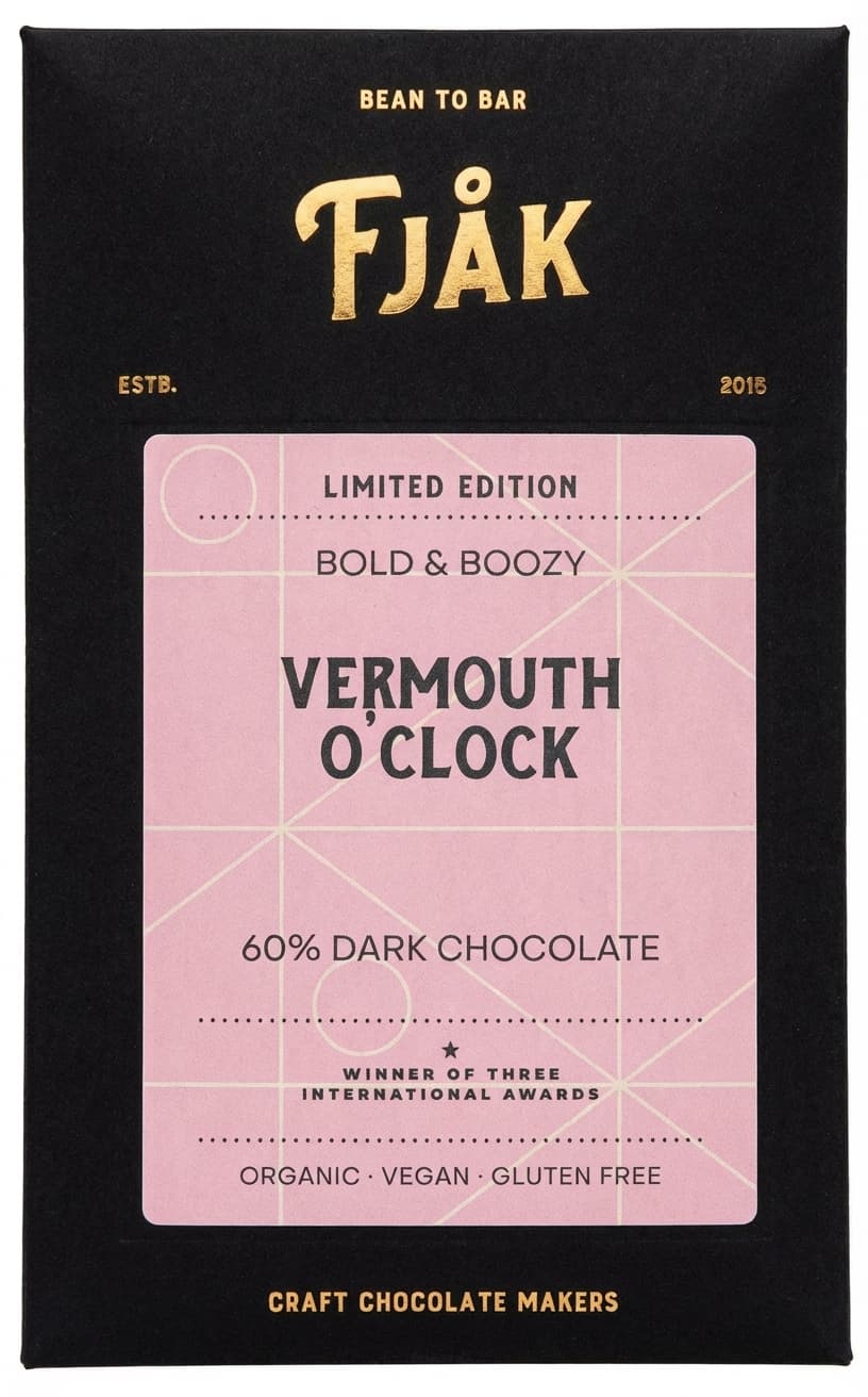 Vermouth O'Clock 60% dark bar packaging by Fjåk