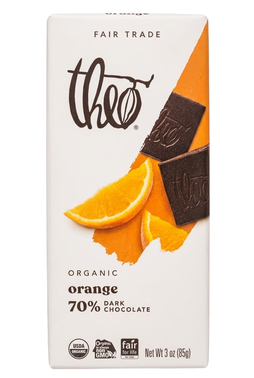 Orange 70% Dark Chocolate 70% dark bar packaging by Theo