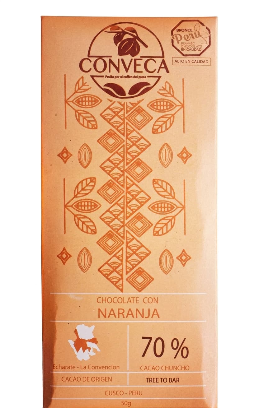 Chocolate con Naranja 70% 70% dark bar packaging by Conveca