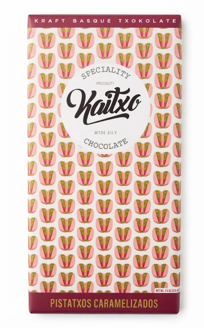 Pistatxos Caramelizados 40% white bar packaging by Kaitxo
