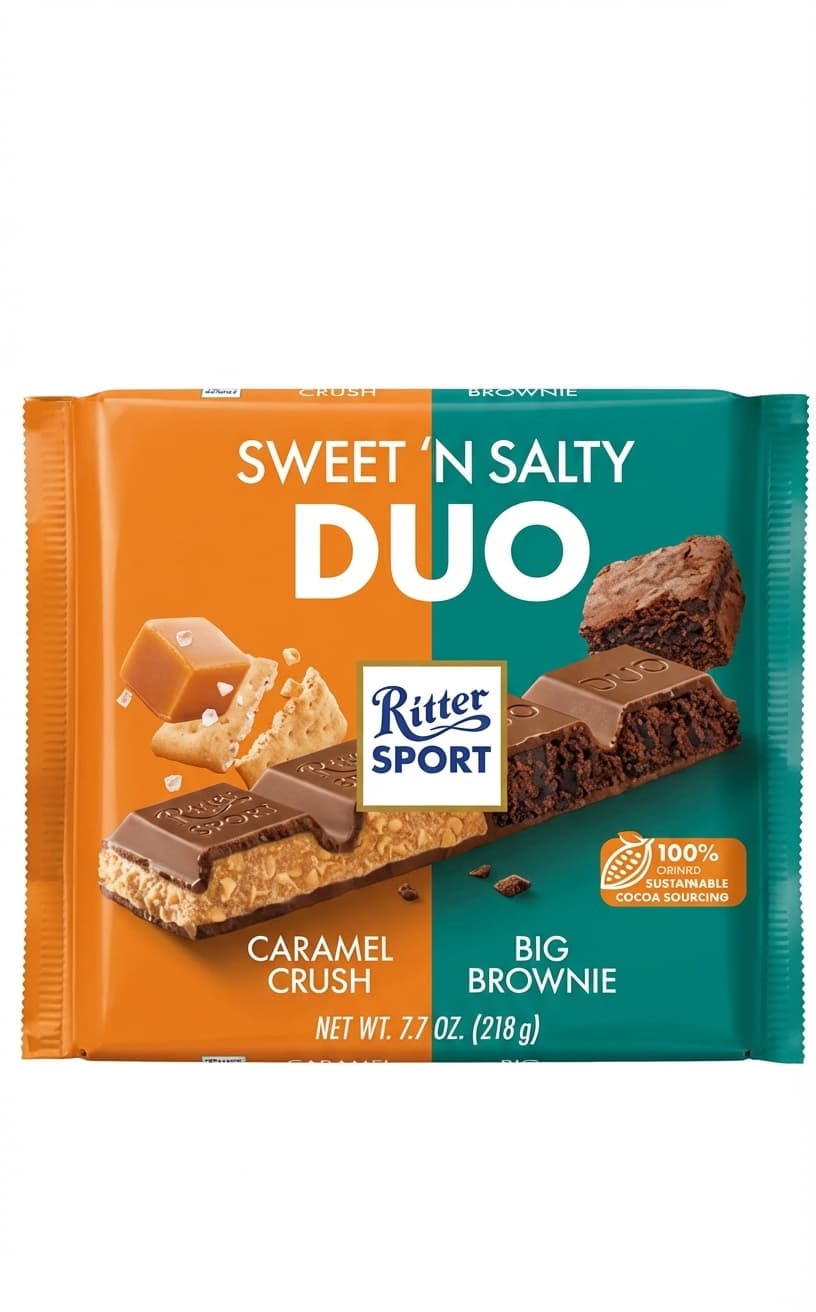 Sweet 'n Salty Duo Caramel Crush & Big Brownie 30% milk bar packaging by Ritter Sport