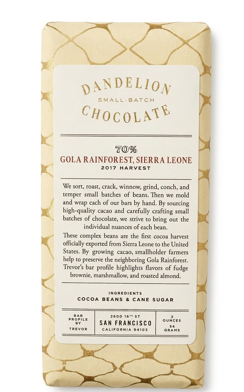 Gola Rainforest 70% 70% dark bar packaging by Dandelion Chocolate