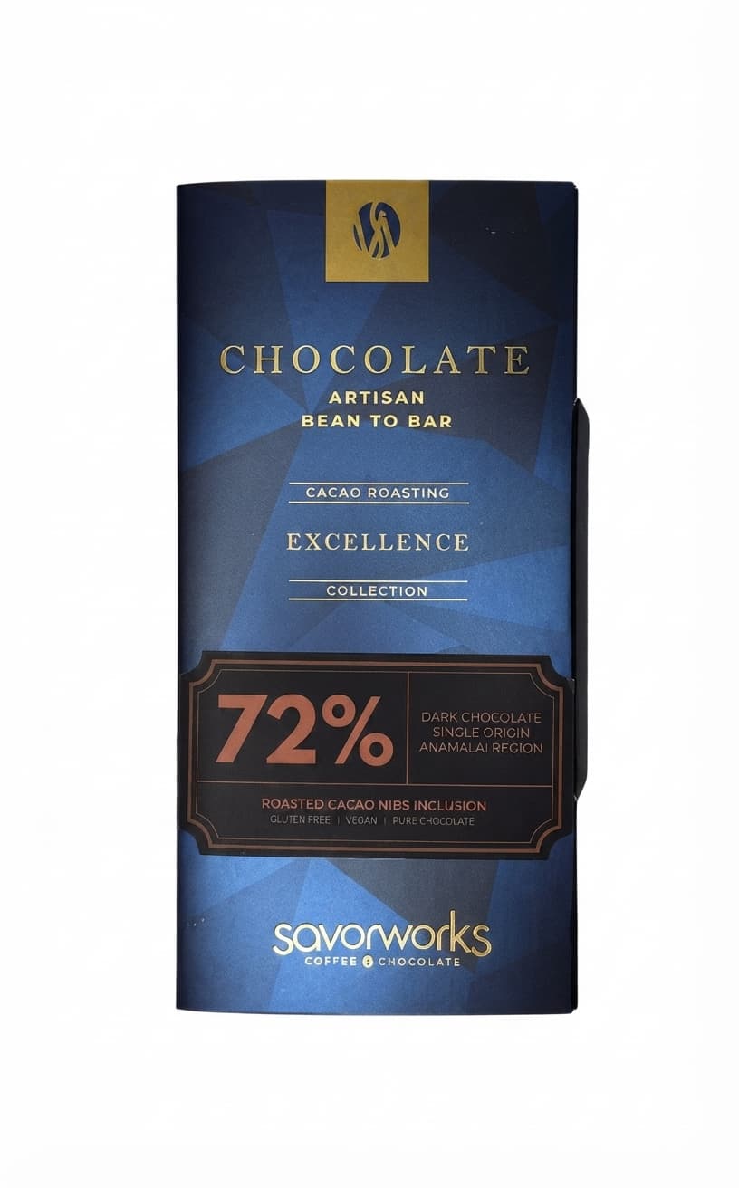Roasted Cacao Nibs 72% 72% dark bar packaging by Savorworks Roasters
