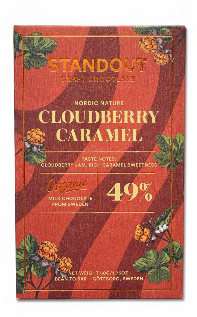 Cloudberry Caramel 49% 49% milk bar packaging by Standout Chocolate