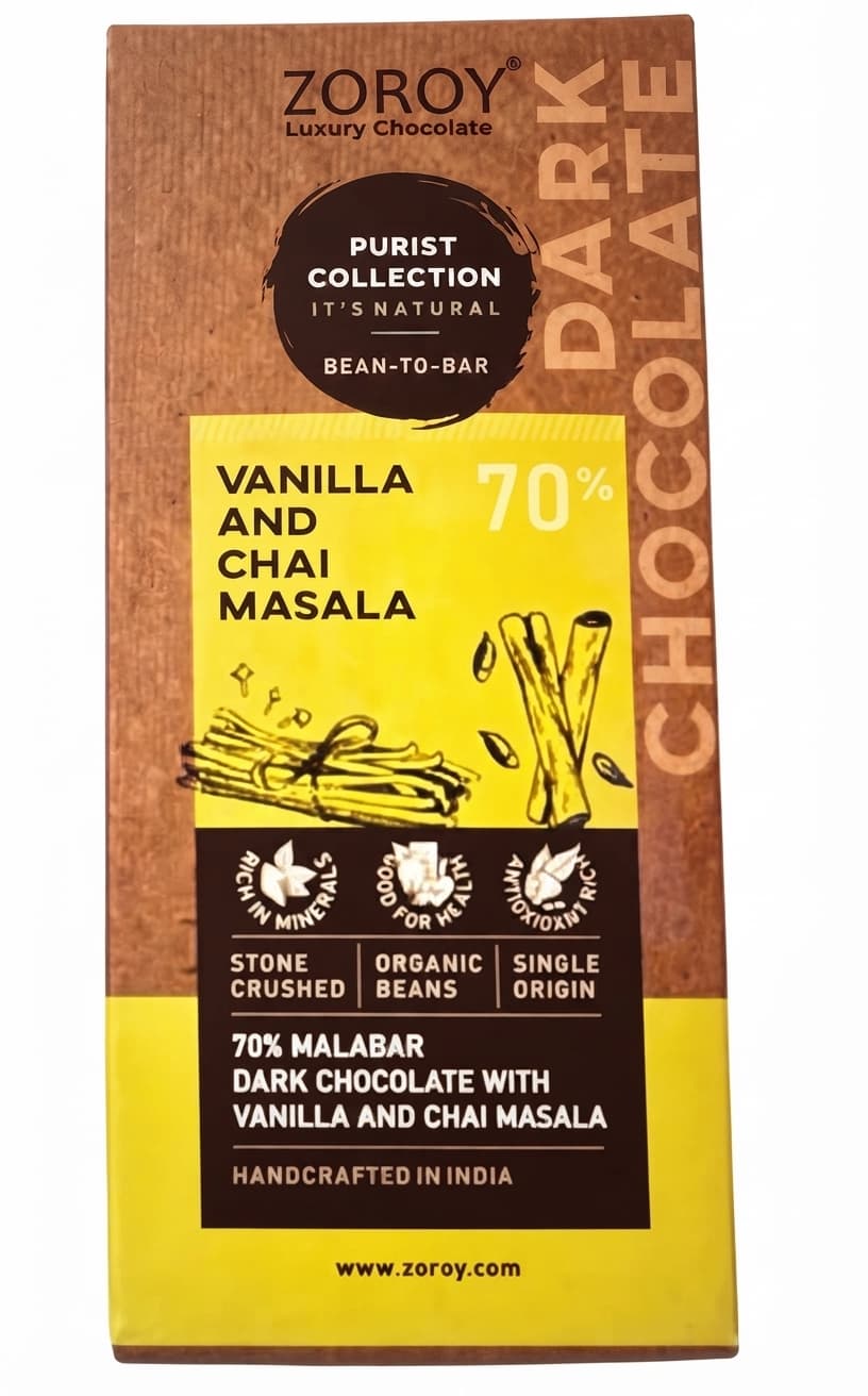 Vanilla and Chai Masala 70% 70% dark bar packaging by Zoroy