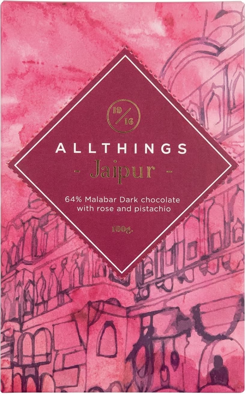 Jaipur 64% dark bar packaging by All Things Chocolate
