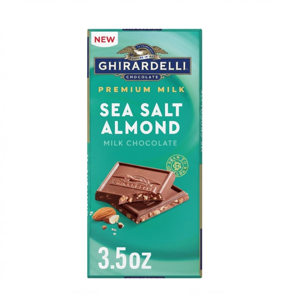 Premium Milk Sea Salt Almond null% milk bar packaging by Ghirardelli
