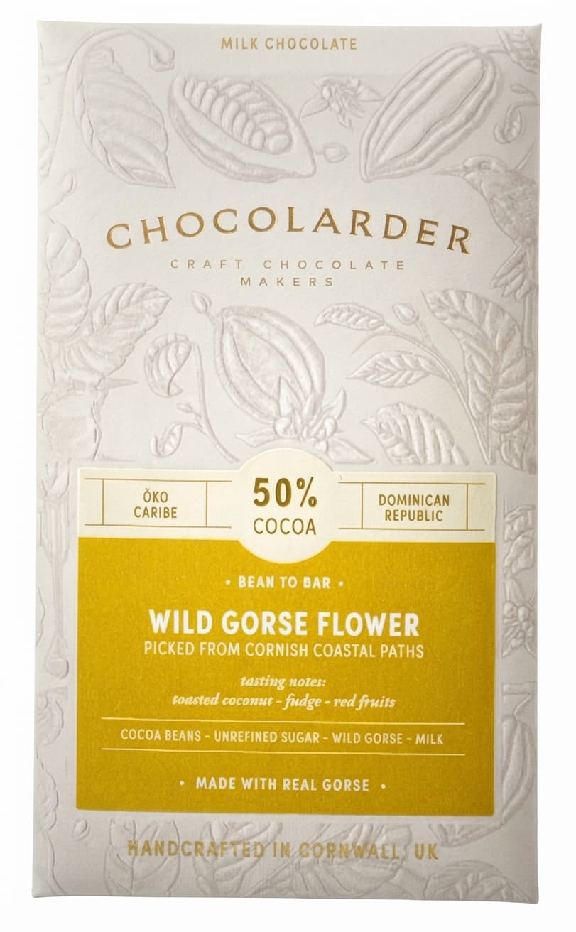 Wild Gorse Flower 50% 50% milk bar packaging by Chocolarder