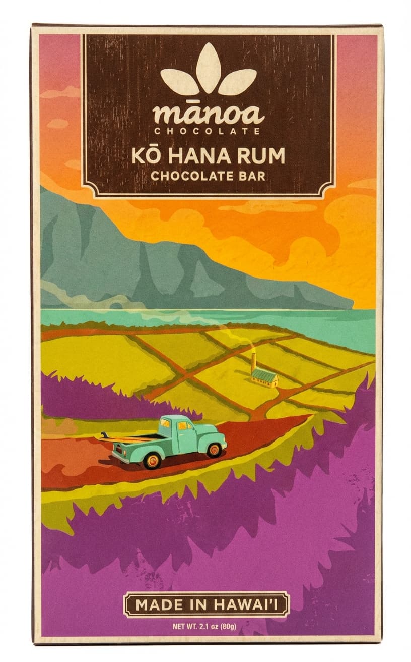 KŌ HANA RUM 80% dark bar packaging by mānoa chocolate
