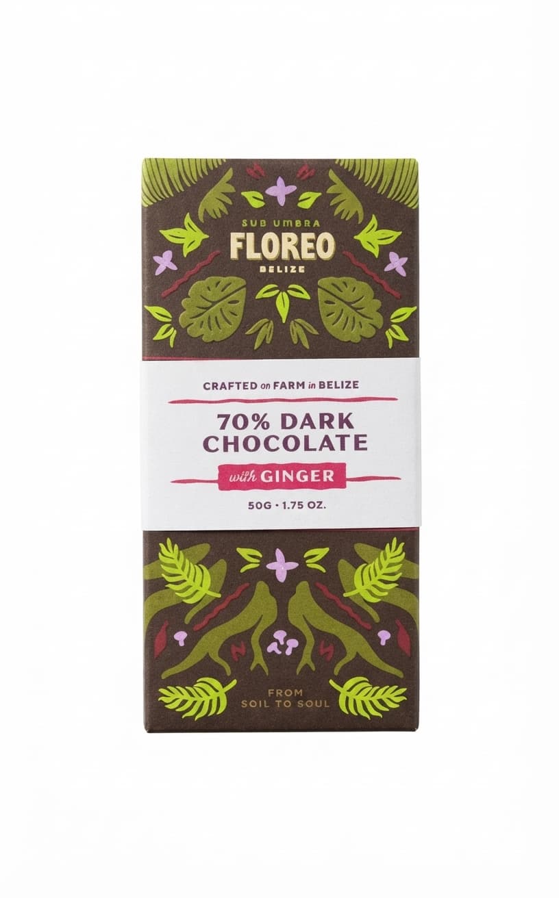 Ginger 70% 70% dark bar packaging by Floreo Belize