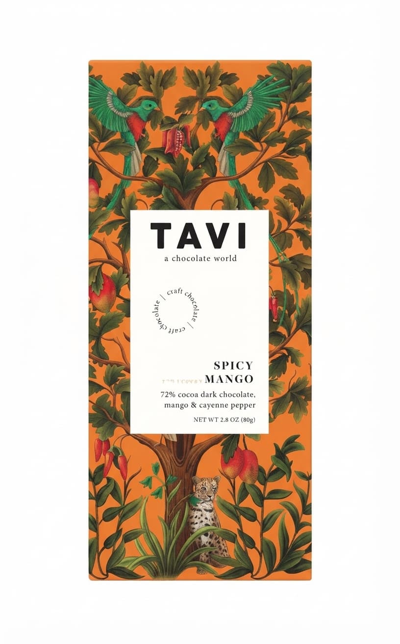 Spicy Mango 72% 72% dark bar packaging by TAVI
