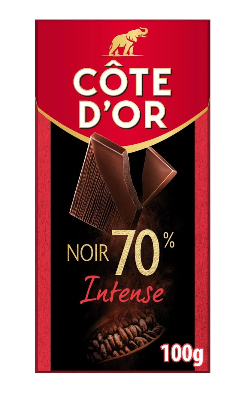 Noir Intense 70% dark bar packaging by Côte d'Or