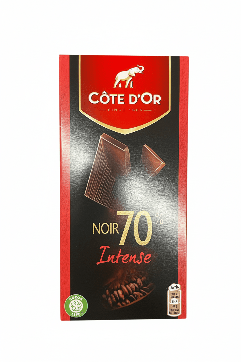 Noir Intense 70% dark bar packaging by Côte d'Or