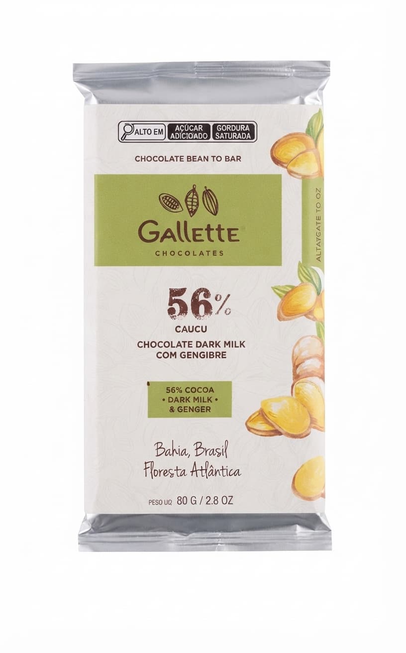 Ginger 56% 56% milk bar packaging by Gallette Chocolates