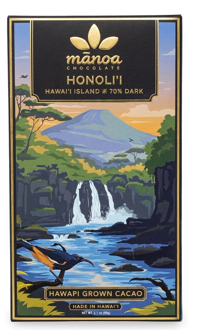 Honoli'i 70% 70% dark bar packaging by mānoa chocolate