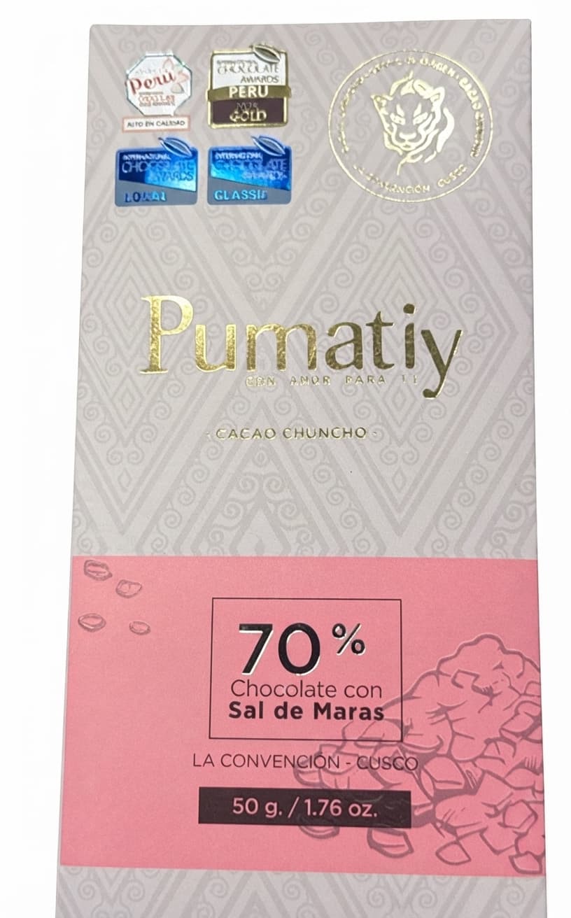 Cacao Chuncho Sal de Maras 70% 70% dark bar packaging by Pumatiy