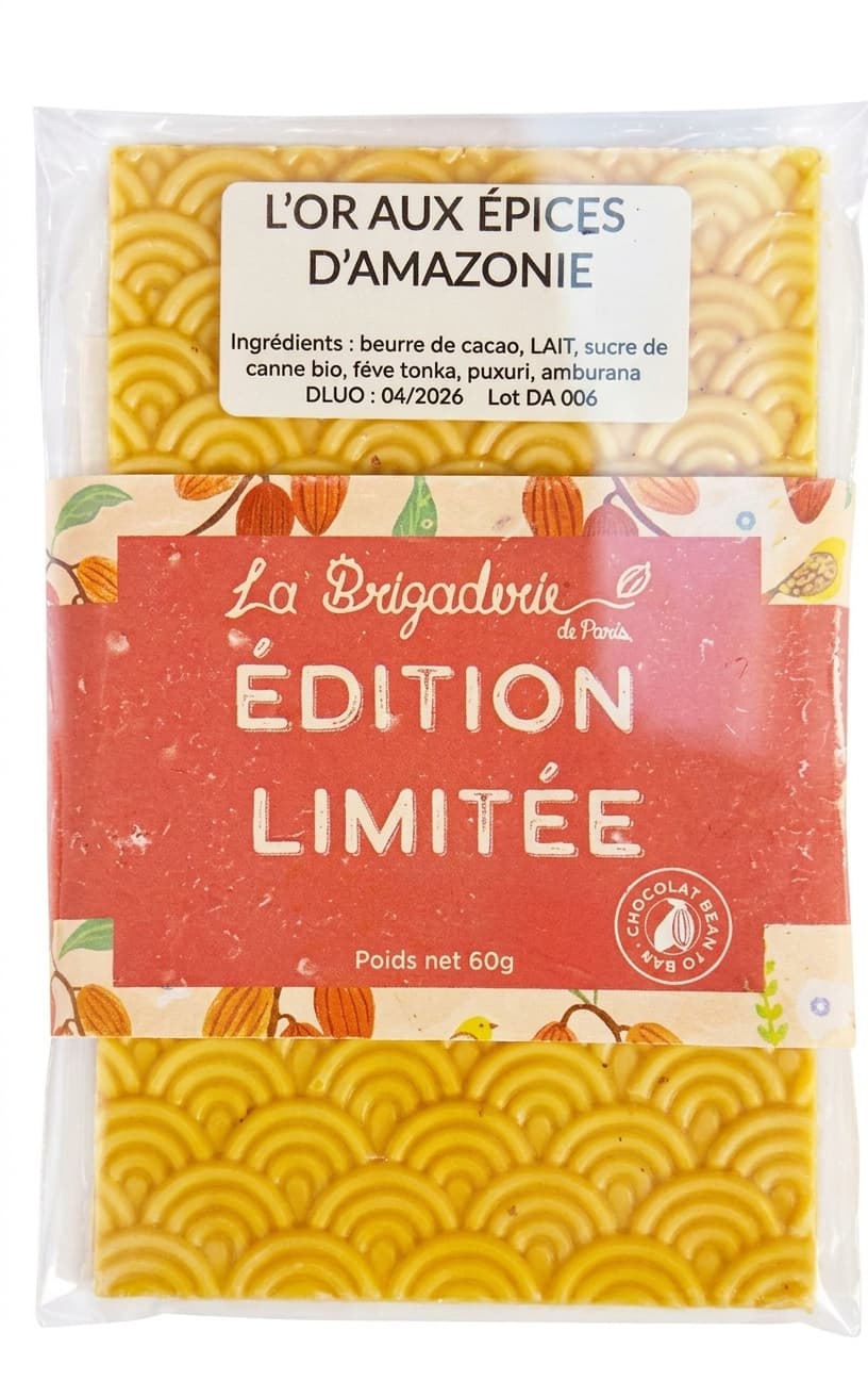 L'Or aux épices d'Amazonie null% white bar packaging by La Brigaderie