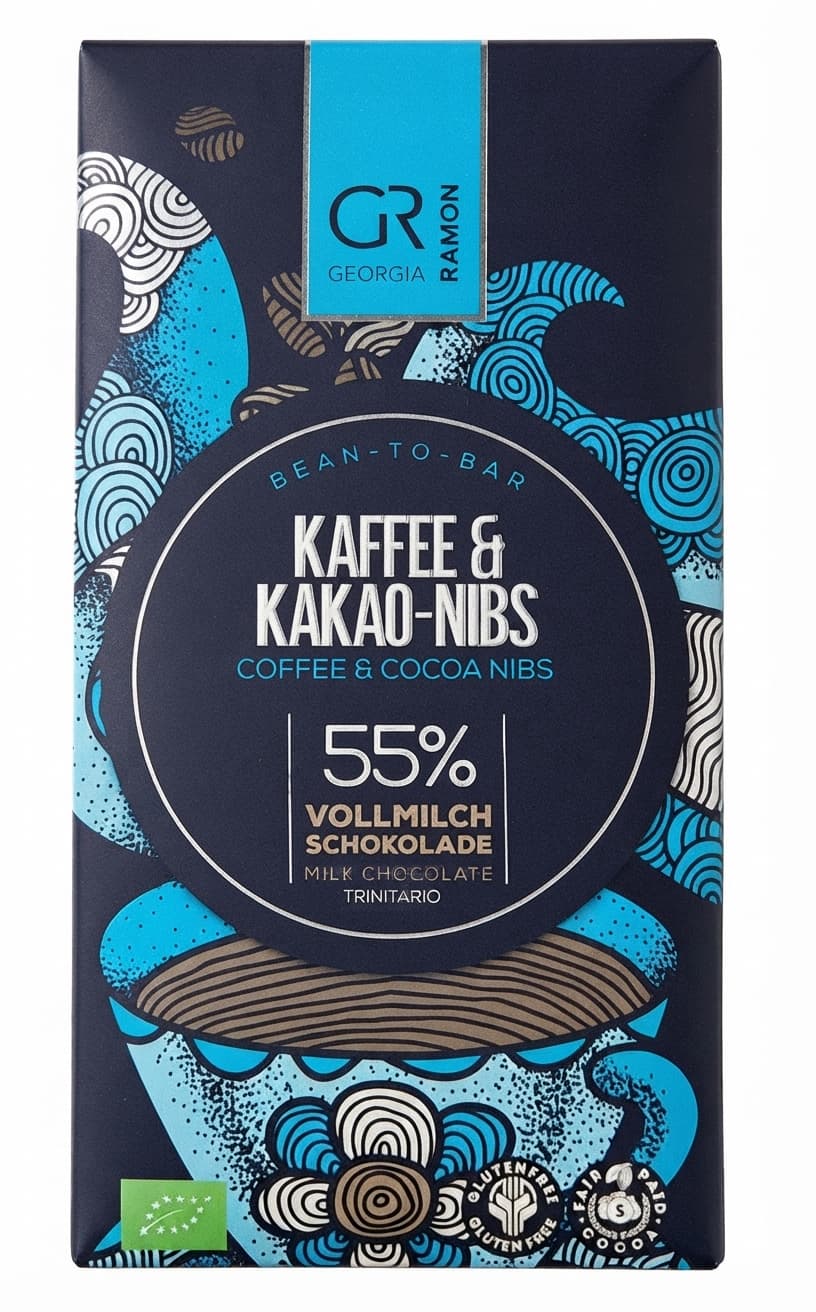 Kaffee & Kakao-Nibs 55% 55% milk bar packaging by Georgia Ramon