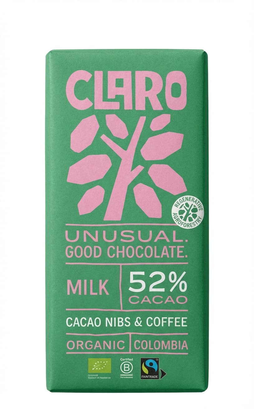 Milk 52% Cacao Nibs & Coffee 52% milk bar packaging by CLARO