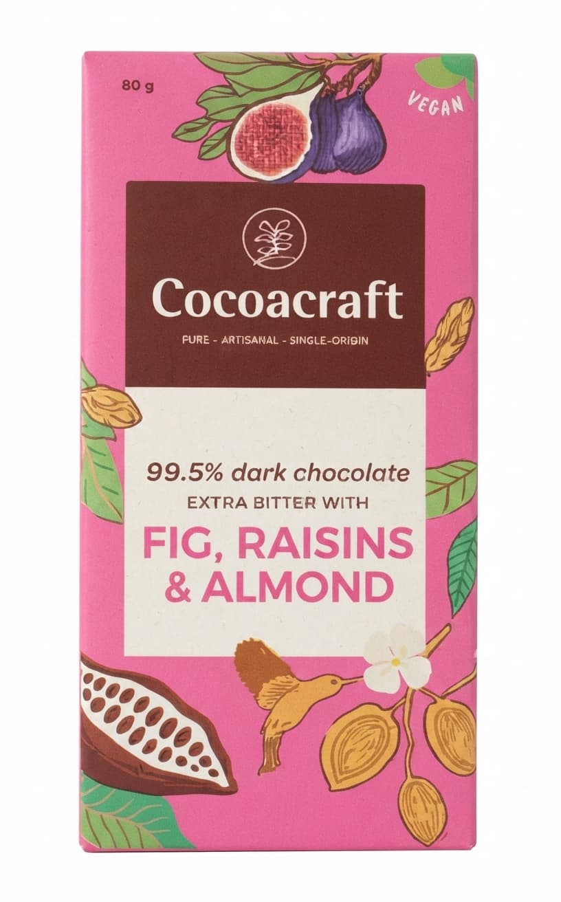 Fig, Raisins & Almond 99.5% 99.5% dark bar packaging by Cocoacraft