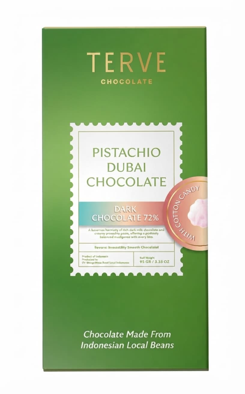 Pistachio Dubai 72% dark bar packaging by Terve