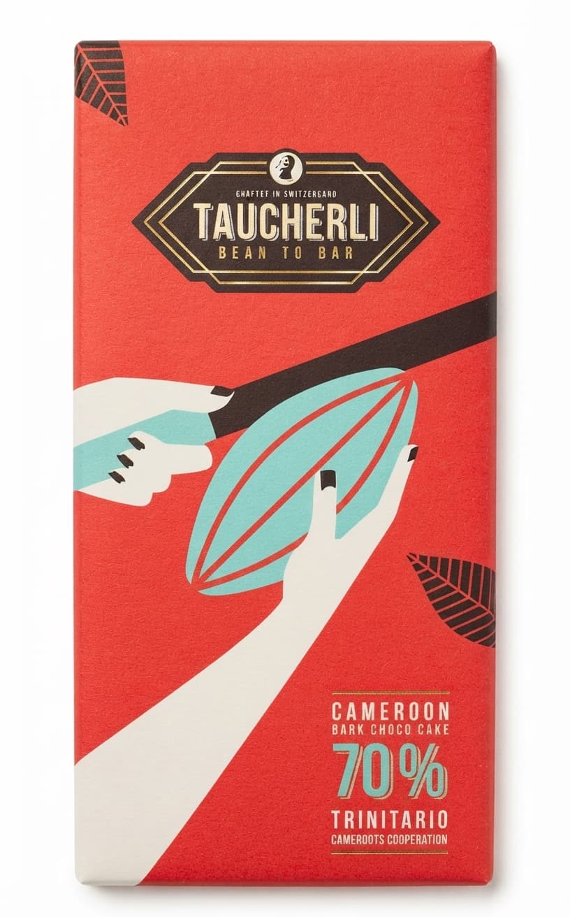Cameroon Dark Choco Cake 70% 70% dark bar packaging by Taucherli