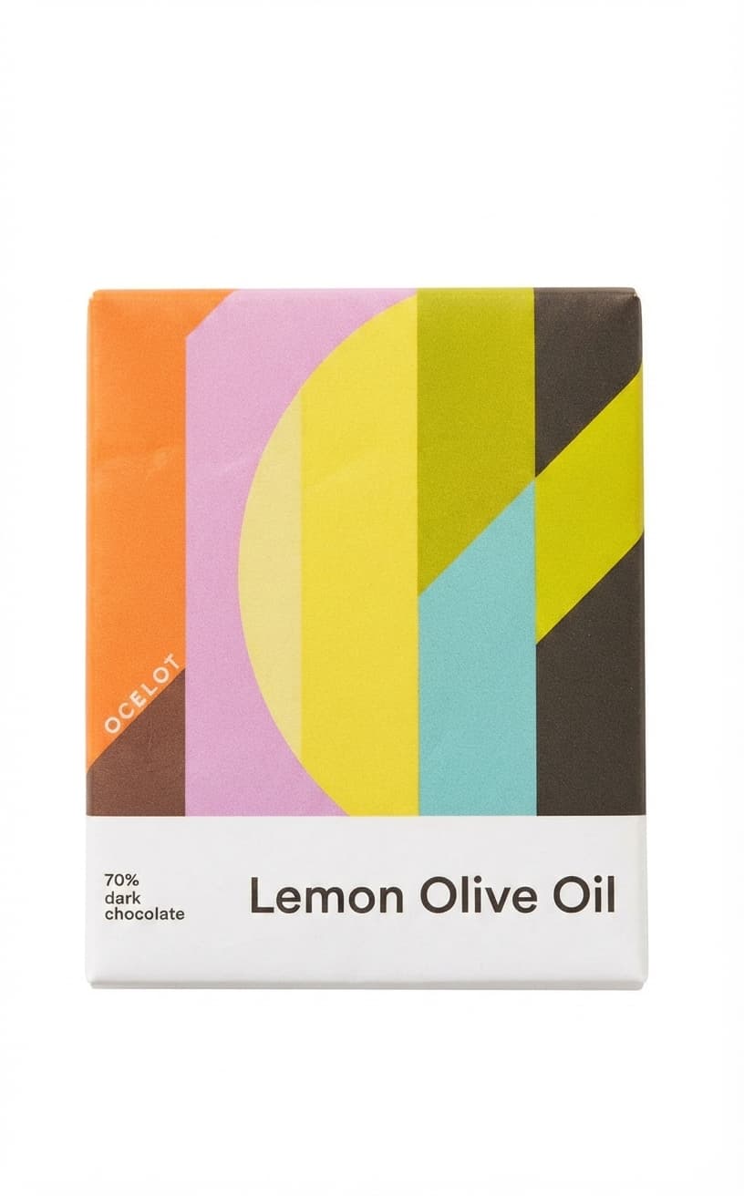 Lemon Olive Oil 70% 70% dark bar packaging by Ocelot