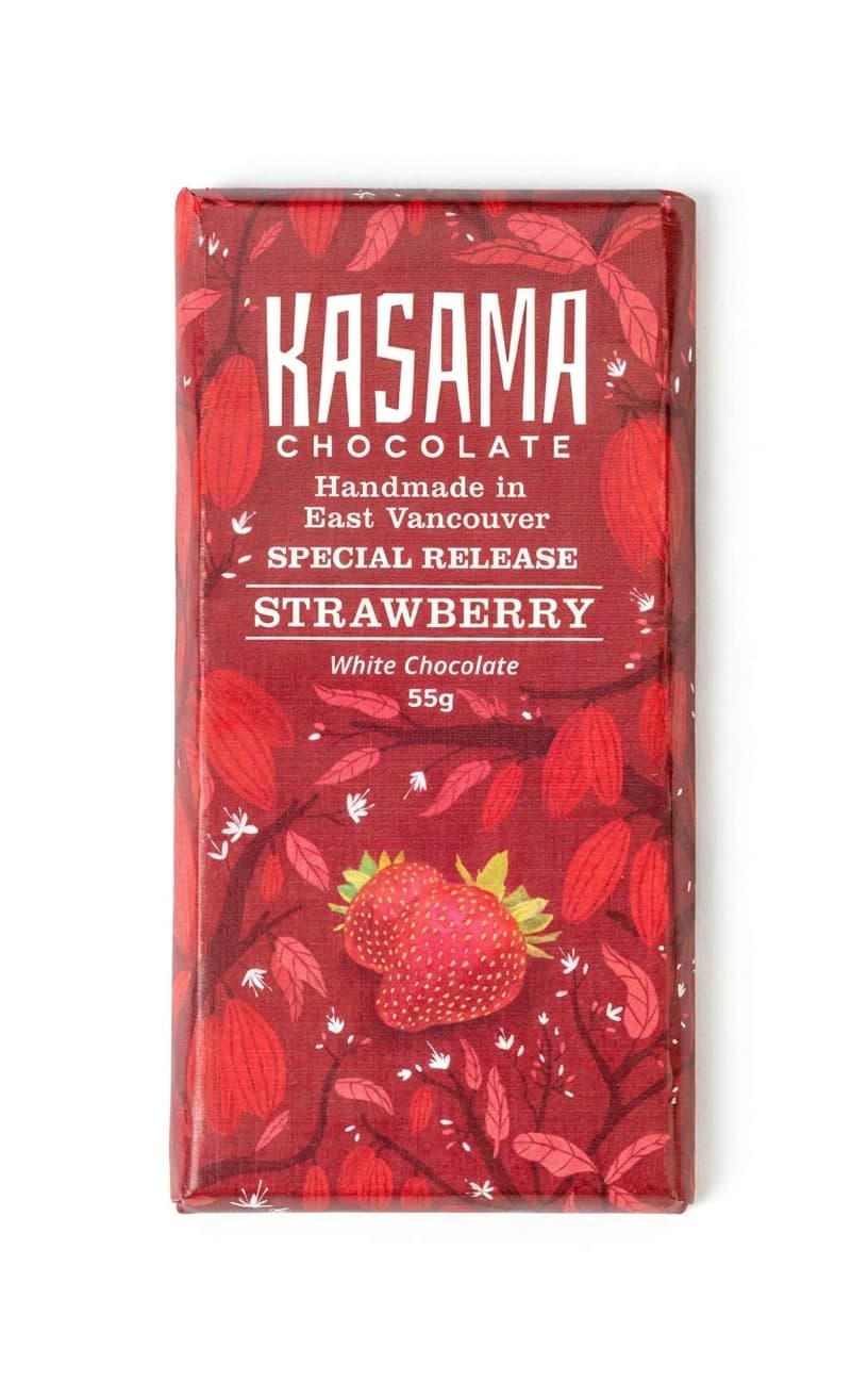 Strawberry 34% white bar packaging by Kasama Chocolate