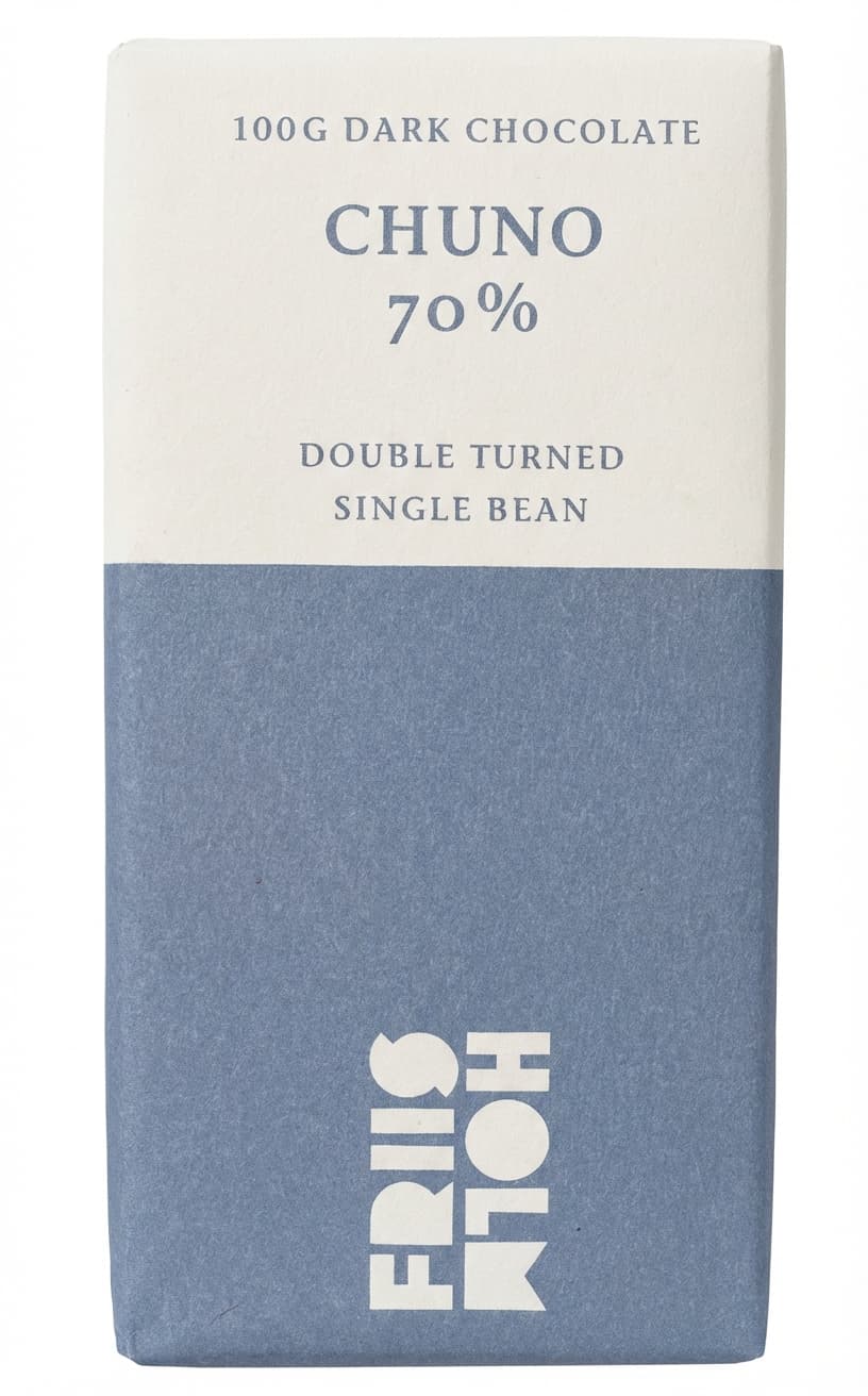 Chuno 70% Double Turned 70% dark bar packaging by Friis Holm