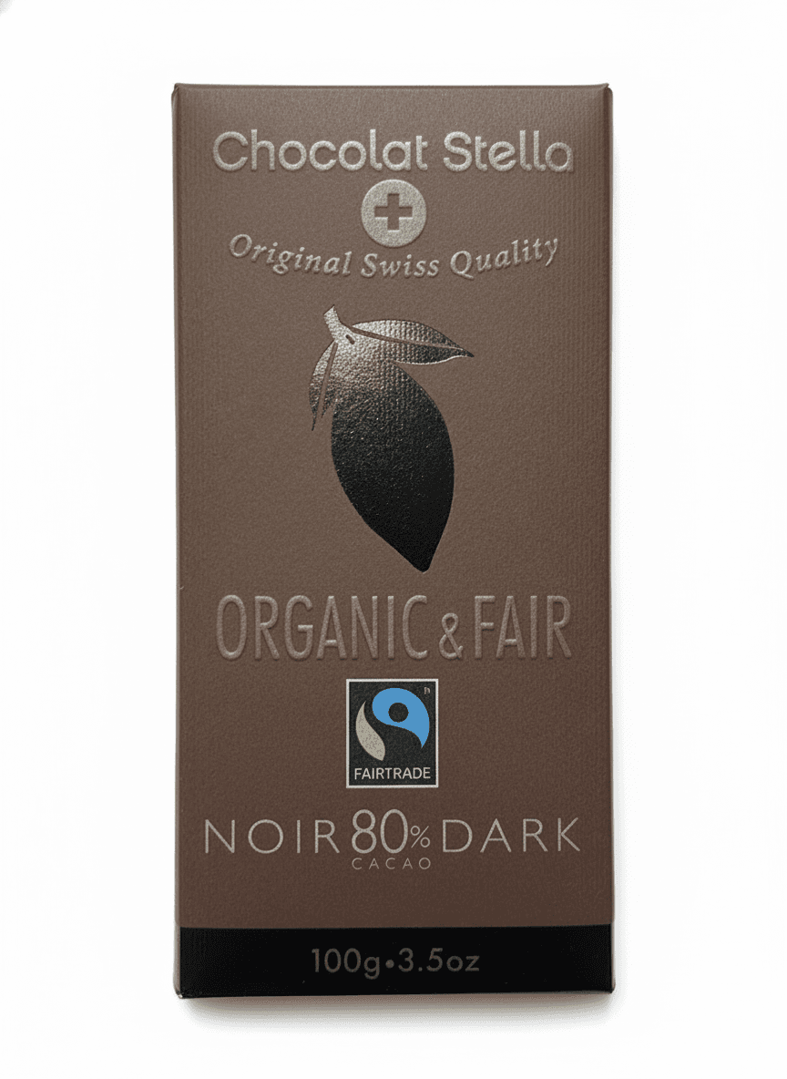 Noir Dark Organic & Fair 80% dark bar packaging by Chocolat Stella
