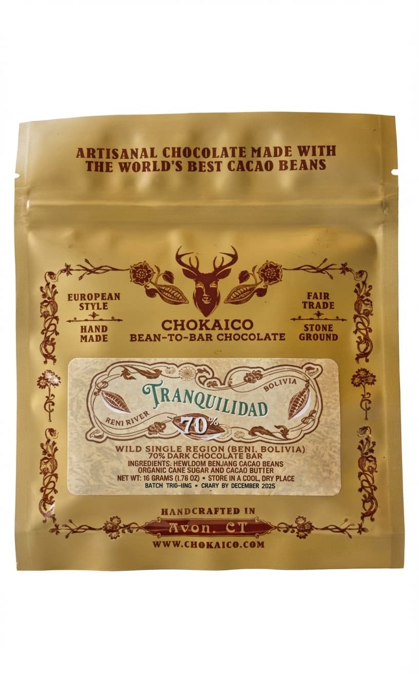 Tranquilidad 70% 70% dark bar packaging by Chokaico