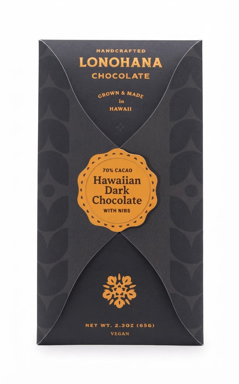 Hawaiian Dark with Nibs 70% 70% dark bar packaging by Lonohana Estate Chocolate