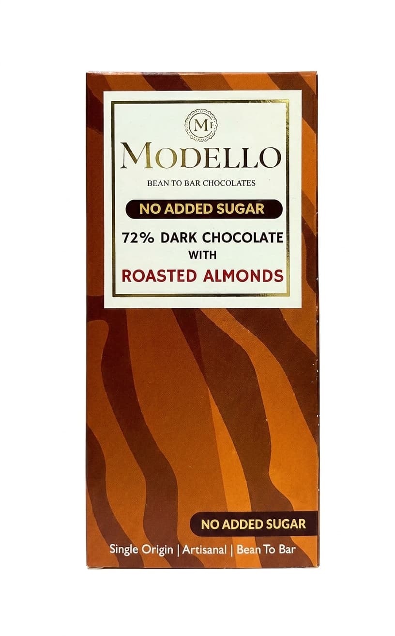 Sugar-Free Roasted Almond 72% 72% dark bar packaging by Modello Chocolate
