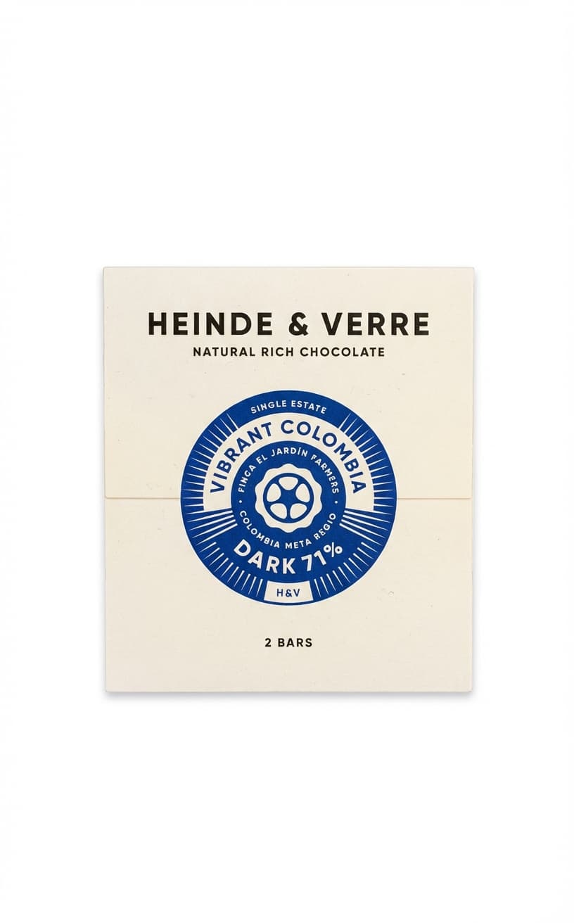 Vibrant Colombia 71% 71% dark bar packaging by Heinde & Verre