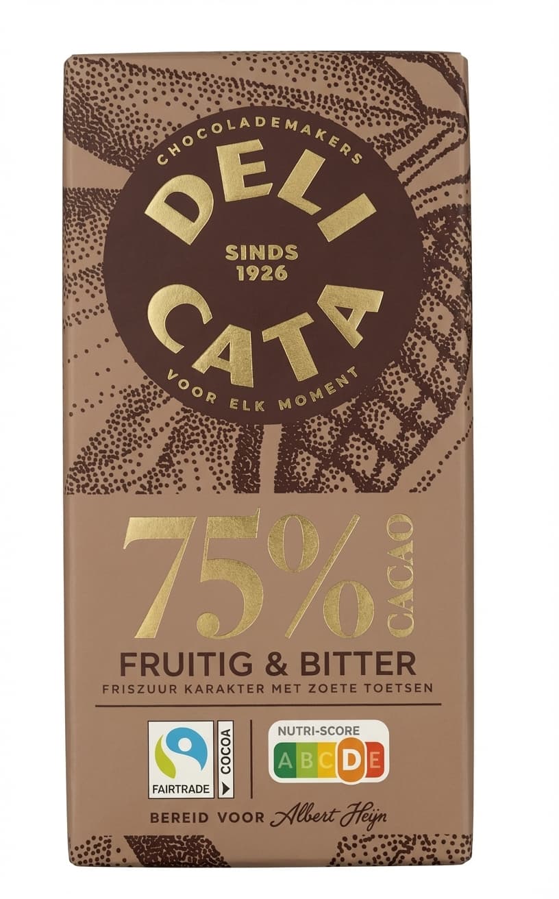 75% Cacao 75% dark bar packaging by Delicata
