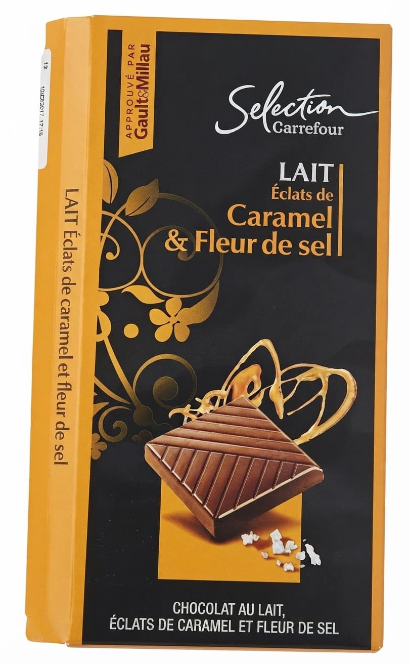 Lait Éclats de Caramel & Fleur de sel 35% milk bar packaging by Carrefour