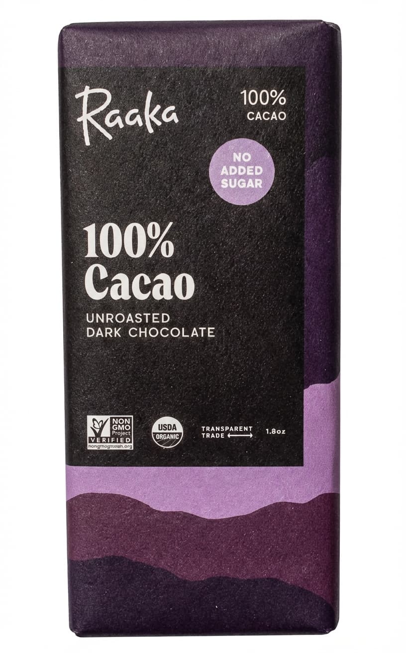 100% Cacao Unroasted 100% dark bar packaging by Raaka